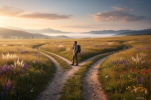 Un escursionista con zaino è in piedi a un bivio di un sentiero sterrato in mezzo a una campagna fiorita, con le montagne all'orizzonte al tramonto.