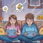 Un ragazzo e una ragazza sono seduti sul divano e guardano con espressione sorpresa gli schermi dei loro tablet, circondati da icone di notifiche digitali.